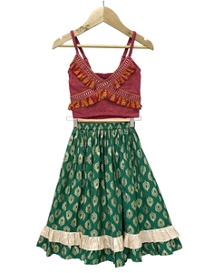Twisha – Haut sans manches en coton tissé à rayures avec lehenga imprimé – Rose et vert – Pour fille - Product Image 1