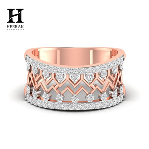 14K Rose Gold Wide Diamond Band - Elegant Zig-Zag Filigree Design - Lab Grown/Natural Diamond <b>Statement</b> <b>Ring</b> - Product Image 3