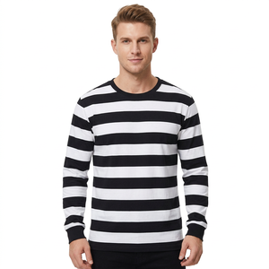 Camiseta de Manga Larga a Rayas para Hombre, Cuello Redondo, Tejido de Punto, Corte Regular, Diseño en Blanco y Negro, Transpirable, Antiarrugas, Elástica por Delante - Product Image 6