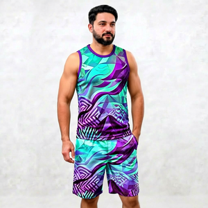 Conjunto de camiseta sin mangas y pantalones cortos con estampado geométrico para hombre, cuello en V, de secado rápido, tejido de poliéster, estilo deportivo, para verano. - Product Image 5