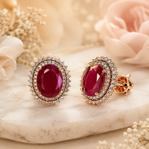 Pendientes de Oro Rosa de 14K de Lujo con Rubí Ovalado y Halo de Diamantes para Mujer, Joyería Fina para Novia, Boda o Aniversario - Product Image 3
