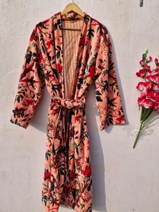 Peach Bird Print Velvet Kimono <b>Robes</b> Handmade Cotton Velvet <b>Robe</b> Morning Tea <b>Coat</b> - Product Image 1