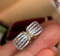 Bague de cocktail géométrique pour femme, bijoux en or 9K, sertissage pavé, diamant rond, bague de fiançailles glamour, plaqué or 18K