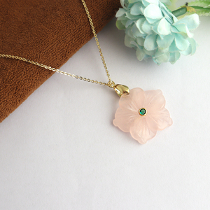 Pink Rose Quartz Blossom Pendant Necklace Emerald CZ Gemstone 18K Gold Plated Brass <b>Cable</b> Chain Handmade Floral Jewelry Gift - Product Image 1