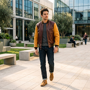 Chaqueta Varsity Casual de Invierno de Cuero Vacuno Natural con Cuello Alto, Estilo Béisbol Letterman, Marrón Dorado, Personalizada al por Mayor - Product Image 6