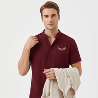 Chemise à manches courtes en lin et coton pour homme, col en V, logo brodé, coupe décontractée, respirante, couleur unie