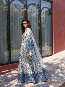 Blue Floral Embroidered Faux Georgette Salwar Kameez <b>Netted</b> Dupatta Long Sleeve Wedding Party Dress Fully Stitched Ready Indian - Product Image 4
