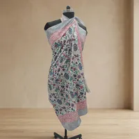 Écharpe Sarong en Coton Imprimé à la Main Motif Floral Bleu Rose avec Bordure Chevron, Légère, pour la Plage, pour Femme, 1 Pièce, Logo sur le Devant