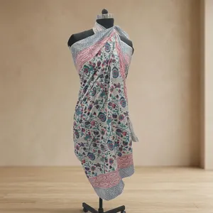 Blue Pink Floral Hand Block Printed Cotton <b>Sarong</b> Scarf with Chevron Border Lightweight Beach Wrap Stole for Women - Product Image 2