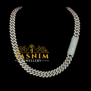 Collar de Cadena Cubana TASNIM en Oro Blanco con Moissanita VVS de Corte Redondo, 12MM, Engaste de Puntas, Joyería de Lujo para Bodas - Product Image 1