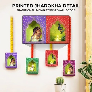 <b>LED</b> Jharokha Diya Wall Hanging Set Festival Lights Decoration Paper Printed Traditional Wall Decals for Diwali Home Weddings - Product Image 1