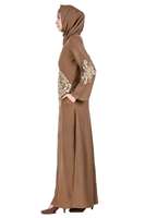 Kahverengi Düz İşlemeli Polyester Tesettür Bol Abaya Elbise Uzun Kollu Maksi Müslüman Günlük Kullanım İçin Cepli Elbise