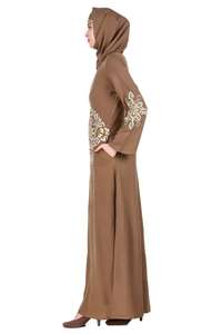 Abaya Hijab ample et modeste en polyester brodé marron uni, robe longue à manches longues pour femme musulmane avec poche pour un usage quotidien - Product Image 3