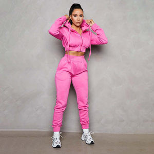 Conjunto Deportivo de 2 Piezas para Mujer, Sudadera Corta Rosa y Pantalones Deportivos de Cintura Alta, Traje de Felpa - Product Image 1