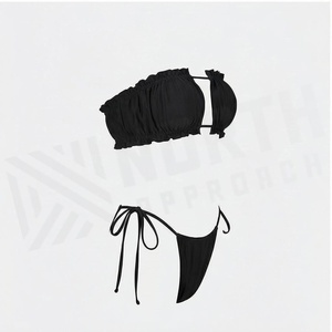 NORTH APPROACH Ensemble bikini bandeau noir à volants pour femme, 2 pièces, bas string, maillot de bain extensible, couleur unie, tricoté - Product Image 3