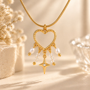 Collar con Colgante de Corazón de Acero Inoxidable, Gargantilla en Capas con Borla de Perlas para Mujer, Joyería de Regalo - Product Image 6
