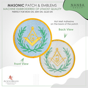 Wreathed Square & Compass Round Embroidered Iron-On Masonic Patch Light Blue Green & <b>Gold</b> 3'' Diameter for Hats & Apparel - Product Image 2