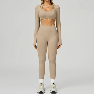 Yoga Set <b>Seamless</b> Contrast Color Beauty Back High Waist Gym Wear Women's Sense Cross Back Bra Slim <b>Seamless</b> <b>Leggings</b> Yoga Set - Product Image 2