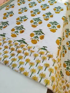 Premium 100% Cotton Yellow Floral Block Print Reversible Razai Soft Warm <b>Winter</b> Blanket Hand Printed Ethnic Indian Bed <b>Quilt</b> - Product Image 4