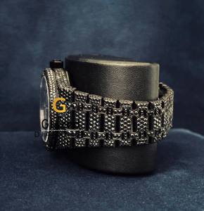 นาฬิกาข้อมือผู้ชายแบบอนาล็อก ประดับเพชรโมอิสซาไนต์สีดำทรงกลมเจียระไน VVS พร้อมแท่งสีขาว ดีไซน์ฮิปฮอป - Product Image 4