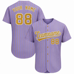 Maillot de baseball violet clair personnalisé avec rayures dorées, nom et numéro de l'équipe brodés, tendance pour homme, boutonné, doux, léger et respirant - Product Image 1