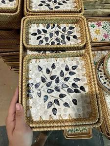 Bandeja de ratán ecológica con incrustaciones de concha pura, ideal para servir café y decorar mesas. ¡Venta directa! - Product Image 2
