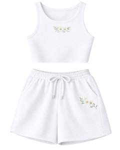 Ensemble décontracté deux pièces pour femme : débardeur court côtelé et short à cordon de serrage, blanc pur avec broderie florale, personnalisable - Product Image 1
