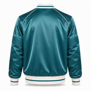 Chaquetas Varsity de Satén con Logotipo Bordado Personalizado, Uniformes Universitarios Unisex al por Mayor con Ribete Acanalado en Contraste y Botones a Presión - Product Image 2