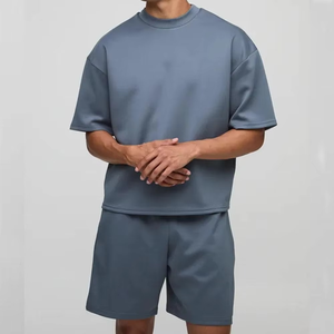 Top Quality Mens Steel Blue T Shirt Shorts Set Summer Casual Two Piece Outfit Solid Color Oversized Fit Short Sleeve Top Matchin - Product Image 1