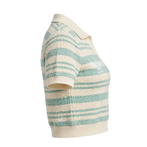 Mens Textured Striped Knit <b>Polo</b> Shirt Short Sleeve Collared V Neck Cream Brown Casual Sweater <b>Top</b> for Mens Casual Fashion - Product Image 1