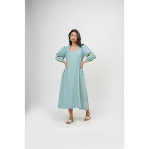 Robe longue trapèze faite main de haute qualité avec col carré, manches lanternes, en lin, couleur unie, respirante, style été pour femme - Product Image 1
