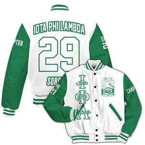 Veste universitaire personnalisée pour femmes Iota Phi Lambda, mélange blanc et vert émeraude, avec lettres, écusson, numéro et année, style bomber - Product Image 4