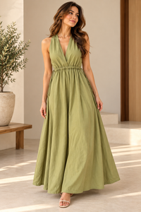 Robe longue vert olive décontractée style bohème sans manches col en V taille naturelle 100% coton coupe trapèze pour l'été Vente en gros OEM/ODM - Product Image 1