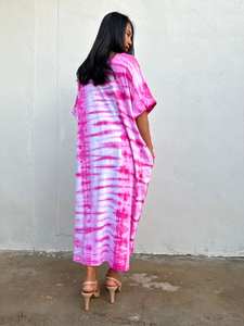 Alice 5 Tie Dye Kaftan Dress <b>White</b> And Fuchsia Cotton Jersey Lounge Wear - Product Image 4