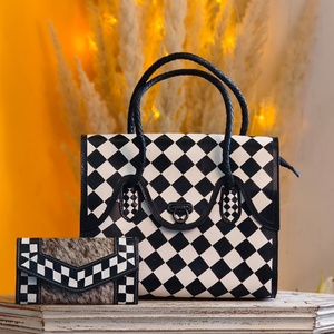 Black And White Checkered Pattern Luxury Designer <b>Large</b> Capacity Solid Color Tote Bag Fashion Women's Genuine Leather Tote <b>Purse</b> - Product Image 5