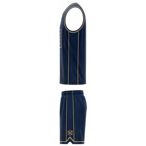 Conjunto de Uniforme de Baloncesto Nexus, Cuello en V, Sin Mangas, Sublimado, al por Mayor, Absorbente de Humedad, Uniforme Deportivo para Adultos, 23, Rayas Azul Marino y Dorado - Product Image 4