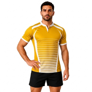 Men's Yellow Striped Rugby Jersey Short Sleeve V-Neck Moisture Wicking Athletic Fit <b>All</b> Seasons Apparel - Product Image 1