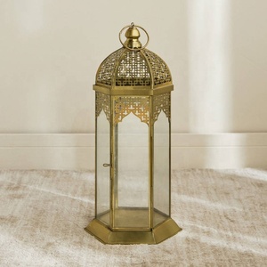 Ramadan Tabletop and Floor Home Decorations Moroccan Candle Holder <b>Lanterns</b> <b>Gold</b> Durable Iron & Glass - Product Image 1