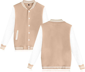 Veste universitaire pour homme beige et blanche à blocs de couleur, col montant, boutons-pression, style baseball, tissu durable, tendance - Product Image 1