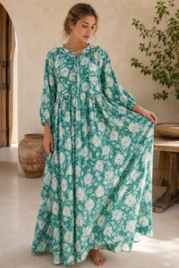 Robe longue unie vert sarcelle à col en V pour femme, style bohème, coupe ample évasée, manches longues, idéale pour les fêtes, écologique, 100 % coton, pour l'été et les vacances. - Product Image 6