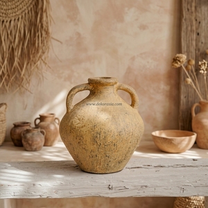 Vase en terre cuite rustique jaune <span class=keywords><strong>Lela</strong></span> avec poignée, perles décoratives, pot en argile artisanal, urne décorative en céramique pour table - Product Image 3