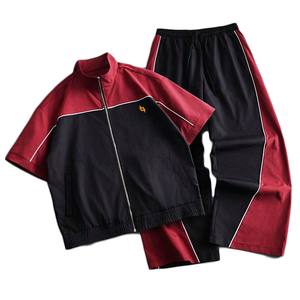 Traje casual de camisa y pantalón de manga corta con cuello alto y cremallera para hombre, estilo urbano, transpirable, 100% poliéster, 380g, para primavera - Product Image 1