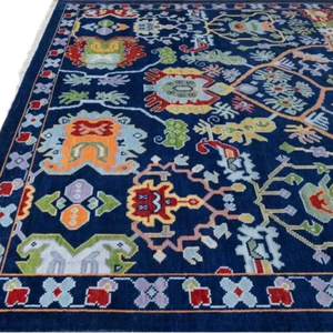 Alfombra de Lana Anudada a Mano Personalizada, Color Azul Marino, Diseño Floral Moderno, Alfombra de Lujo para Sala de Estar, 1 Pieza, Pelo Corto, Antideslizante, Apta para Mascotas - Product Image 1
