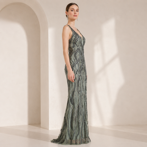 Luxury Sage Green <b>Sequin</b> Mermaid Evening Gown Women | Sleeveless Designer Maxi Dress Natural Embroidery | Elegant Party Wedding - Product Image 3
