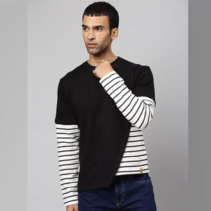 Camiseta de Manga Larga para Hombre, Cuello Redondo, Color Negro Sólido, con Cierre, Impresión Digital, Transpirable, Corte Regular, Tejido de Algodón, Informal, para Invierno - Product Image 1