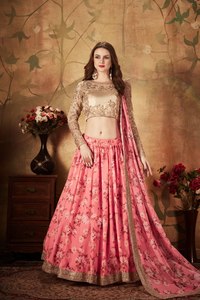 Pink Floral A-Line Floor-Length <b>Lehenga</b> Choli Zari Embroidery Bridesmaid Wear Embroidered Blouse and Pleated Skirt with Dupatta - Product Image 5