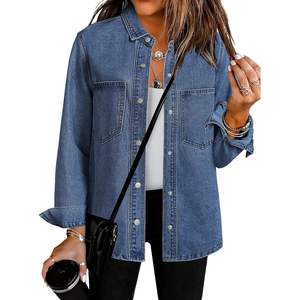 2025 Women's Trendy Long Sleeve <b>Denim</b> <b>Jacket</b> Casual Button Western Flat Pocket Shacket Diamond Decoration Washed Technics - Product Image 1