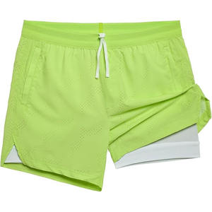 Shorts de sport décontractés pour hommes, en tissu éponge, séchage rapide, ourlet fendu, taille haute élastique, respirant, avec poches pratiques, brodé - Product Image 1