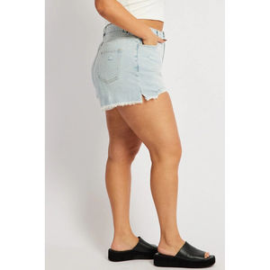 Shorts en jean taille haute pour femme, effet usé, ourlet brut, tissu extensible respirant, boutons-pression, passants de ceinture, poches, été, service OEM - Product Image 3