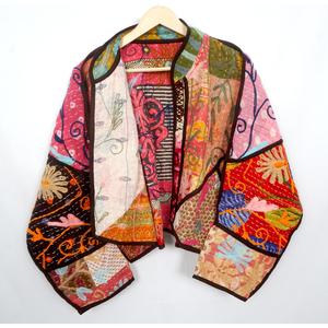 Quilted V-Neck Style <b>Kantha</b> Hand Block Print Indian Women & Clothing Coat V Neck Stripe Piping Partywear <b>Jacket</b> Gift For Her - Product Image 5